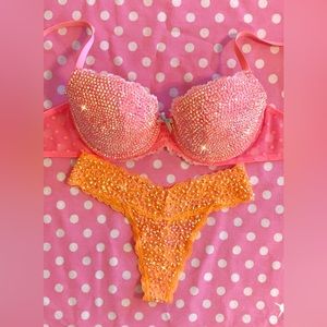 💗VICTORIA SECRET DREAM ANGEL CUSTOM BLING LINGERIE SET 32D XS PEACH outfit set